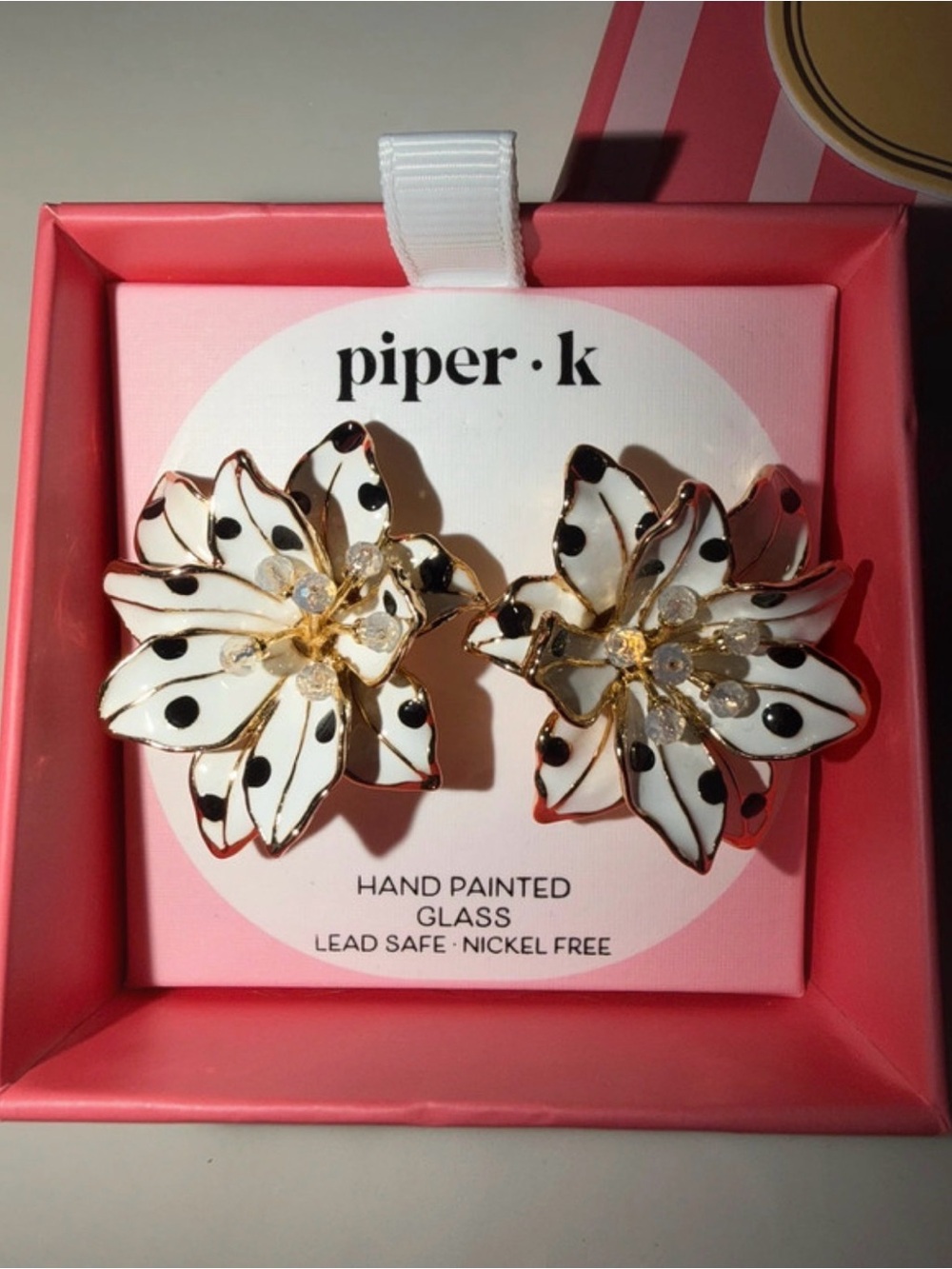 PIPER K Polka Dot White & Black Hand-Painted Glass Orchid Glam Earrings NEW NWT